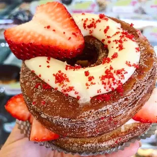 Donut with oozing custard # fresh strawberry and red velvet croissant it's really the delicious