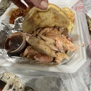 Inside the pulled chicken dinner