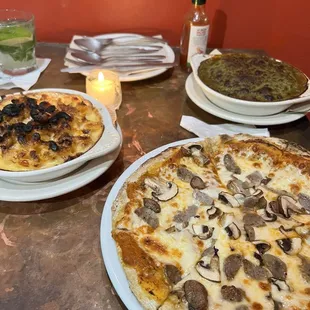 (back to front) Shepherd's Pie, Mac 'n Cheese, Mushroom and Sausage Pizza