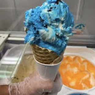 Waffle cone with lil blue panda ice cream