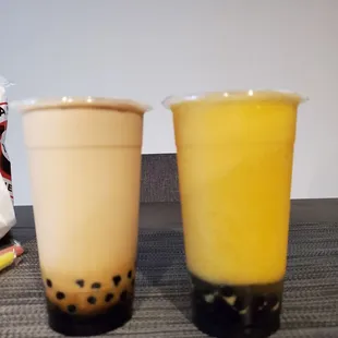 L: brown sugar milk tea with tapioca  R: mango yakult slush with tapioca