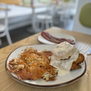 Fried chicken biscuit and crunch hash browns