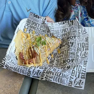 The Morning Crepe: Egg, Ham, Bacon, Mozzarella, Cheese, and Cheese Sauce