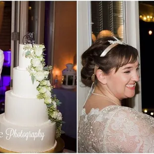 a bride and groom cutting their wedding cake