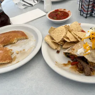 Fajita Wrap with chips and salsa and a side pancake