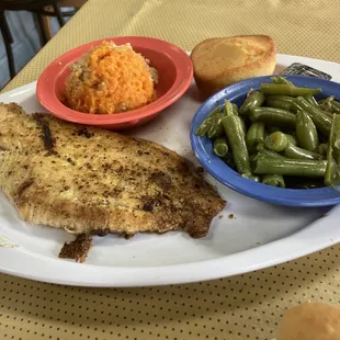 Grilled catfish , green beans, sweet potato casserole