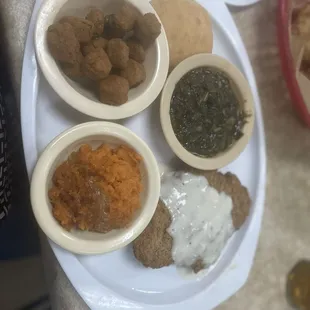 CFS, greens, sweet potato casserole, fried okra and a roll. Delicious!