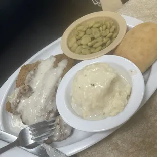 CFS, mashed potatoes and Lima beans.