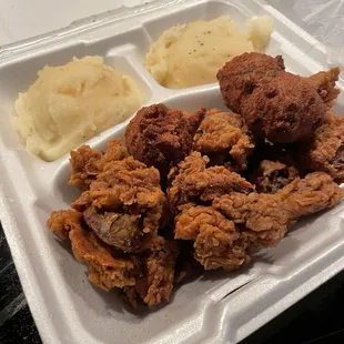 Fried Chicken Livers. Hushpuppies. Mashed Potatoes. Gravy not shown