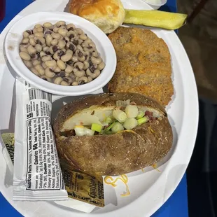 Country Fried Steak. No gravy. Purple Hull Peas.  Loaded Potato Cup. Baked Potato &amp; Baked Sweet Potato