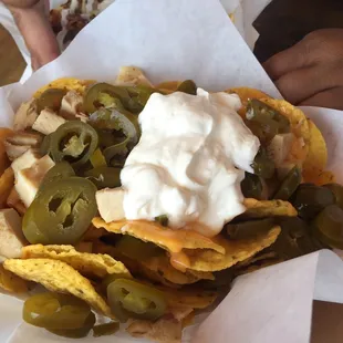 Huge portion of chicken nachos