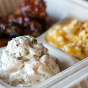 Loaded Potato Salad, Macaroni &amp; Cheese, and Smoked Wings