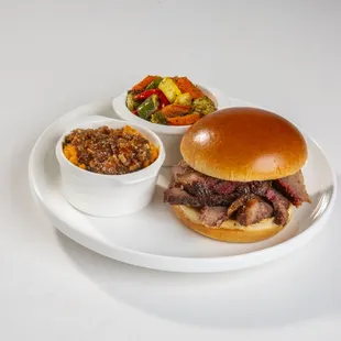 Sliced Brisket Sandwich with Sweet Potato Casserole and Vegetable Medley