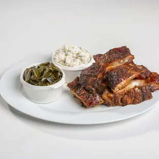 Smoked Rib Tips, Collard Greens and Loaded Potato Salad