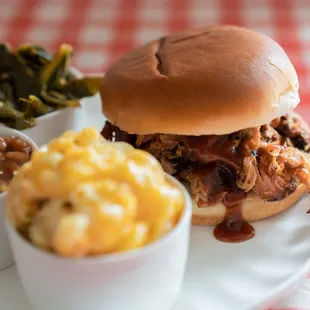 Pulled Pork Sandwich with Collard Greens and Baked Beans