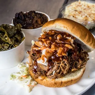 Pulled Pork with Collard Greens, Sweet Potato Casserole, and Banana Pudding