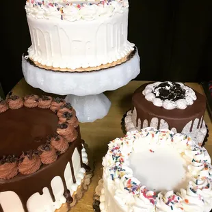 a variety of cakes on display