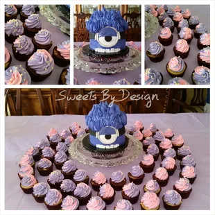 Minion smash cake and coordinating cupcakes.