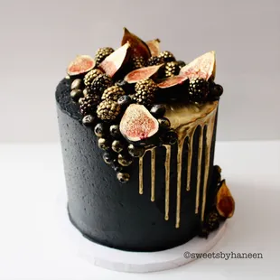 a chocolate cake with figs on top