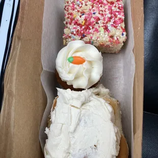 Rice Krispie treat, carrot cupcake, and cinnamon roll.