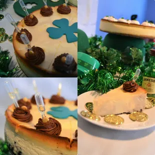 Irish Car bomb Cheesecake: a Guinness flavored cheesecake with a pop of Irish Cream dropped in the center. Topped with Jameson pipettes