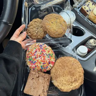 Cowboy cookie, chocolate chip cookie, snickerdoodle cookie, confetti cookie, brownie