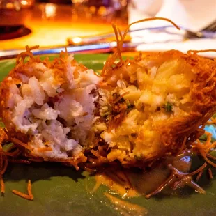 Interior of crab fritter. Generously filled &amp; texture/flavor reminds me of fish cake. I liked it.