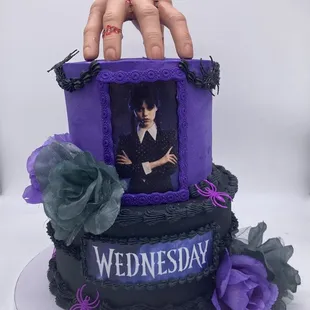 a cake with a hand holding a photo