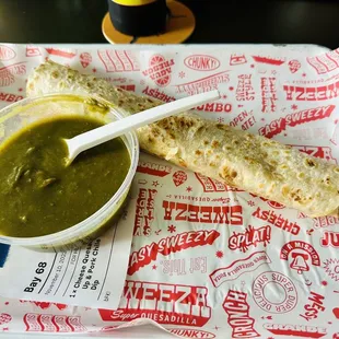 Cheese quesadilla roll-up and green chile verde - not at all spicy but very flavorful all the same!