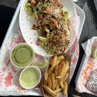 Tostada with veggies &amp; mushrooms and fries - messy but wildly flavorful