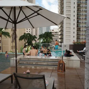 There were so many people in the hot tub because the pool was so frigid!