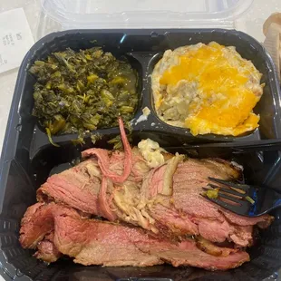 BBQ Brisket, turnip greens and loaded potato casserole