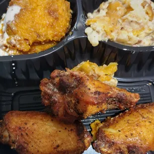 BBQ wings, sweet potato casserole &amp; cheesy potatoes casserole