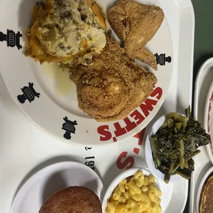 Fried Chicken Macaroni &amp; Cheese Baked Cornbread Creamed Potatoes