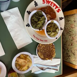 Meat Loaf, Turnip Greens, Green Beans, Fried Cornbread and Peach Cobbler