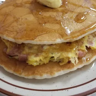 Put together a &quot;Denver McGriddle&quot; - a Denver omelette (made with green chiles) between a stack of pancakes