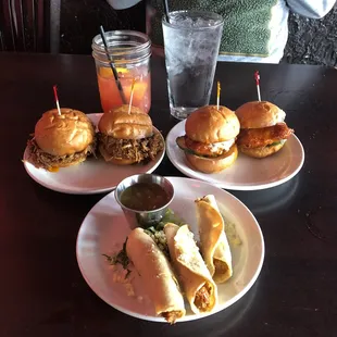Pulled pork sliders, buffalo chicken sliders, taquitos, seasonal cocktail (stumblin' owl), water, my boyfriend's cute belly