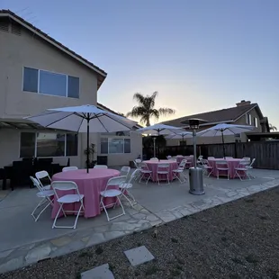 Tables, chairs, linens, umbrellas, heaters