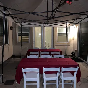 Resin chairs, 6ft tables, linens, ezups