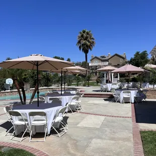 Table, chair, linen, umbrella