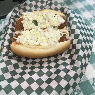 Hot dogs with slaw.  Skip the slaw