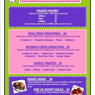 a menu for a frozen yogurt