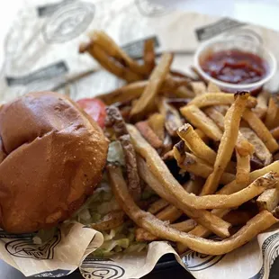 a basket of fries and a hamburger
