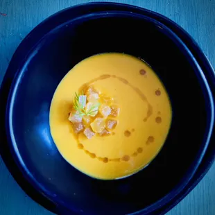 Chilled carrot-apple soup with candied ginger mascarpone