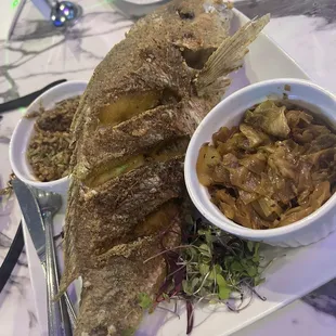 Fried Snapper with cabbage and rice