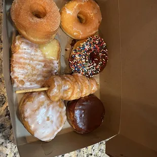 Boston Cream, raspberry filled, sugar, glaze, bee-sting, glazed pastry, chocolate sprinkle.