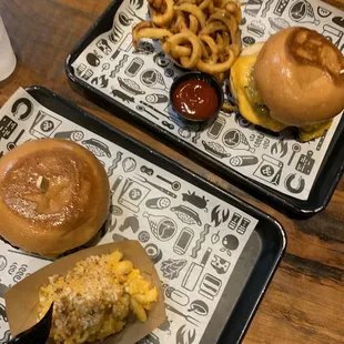 Onion smash, curly fries, mac and cheese