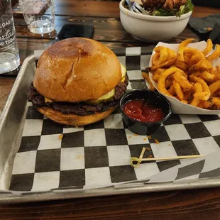 Ok, burger and curly fries, yummy .