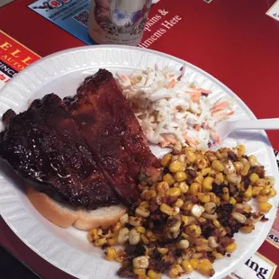 Awesome ribs, coleslaw and the best fresh off the cob corn hash creation I ever had.