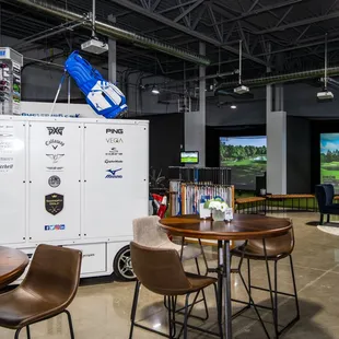 The seating area that overlooks both Swing Fit Golf Club and Mobility Fit.